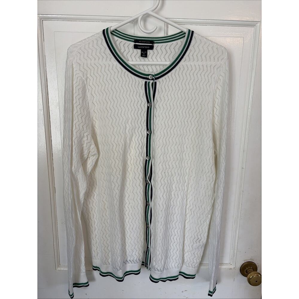 Lands End Womens Pointelle Knit White Green/Navy Trim Cardigan XLT Preppy Tennis